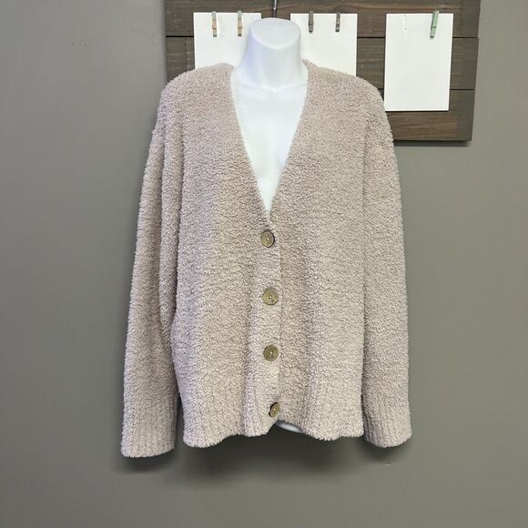 Barefoot Dreams Beige Cozy Chic V-neck Button Down Fuzzy Long Sleeve Cardigan 2X - Picture 1 of 11